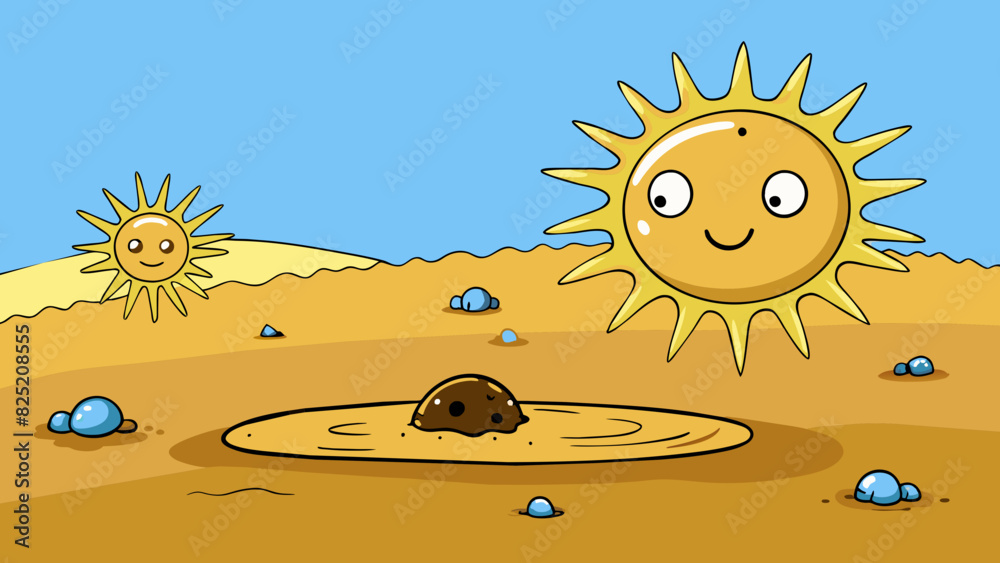 Poster Puddle As the sun shone down the puddle reduced in size until it completely evaporated leaving behind a dry spot on the ground.. Cartoon Vector.