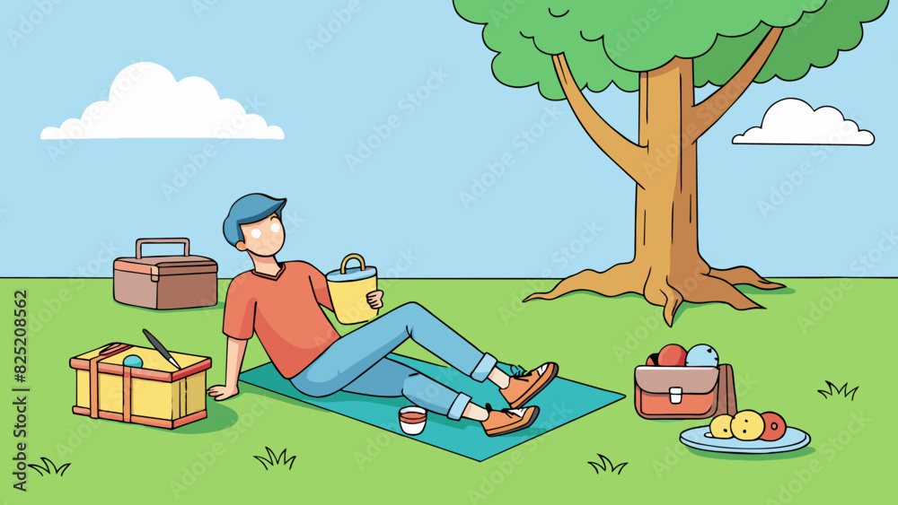 Poster relaxing in a park a person sits on a colorful picnic blanket spread out on the grass. they lean bac
