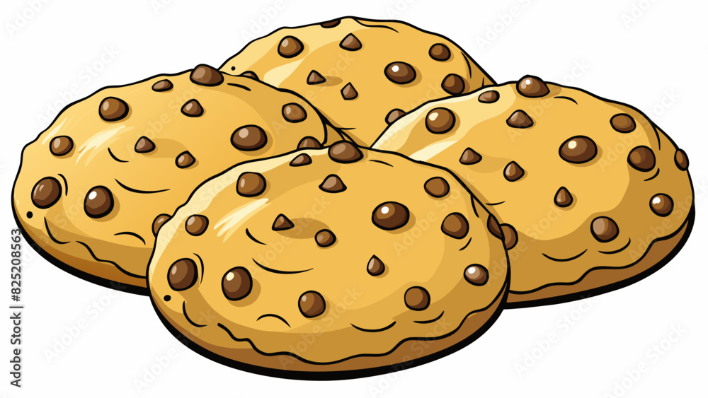 Poster Round crumbly cookies with chocolate chips sprinkled on top freshly baked and still warm from the oven.. Cartoon Vector.