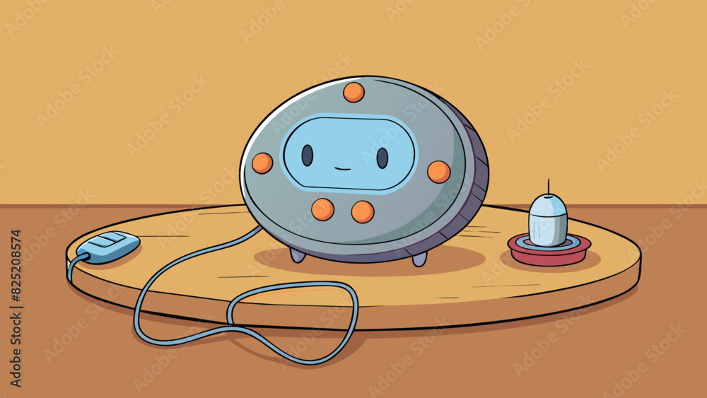 Fototapete Resting on the table was a small round device that emitted a soft pulsating light. It had a flat surface with a series of buttons and a small screen. Cartoon Vector.