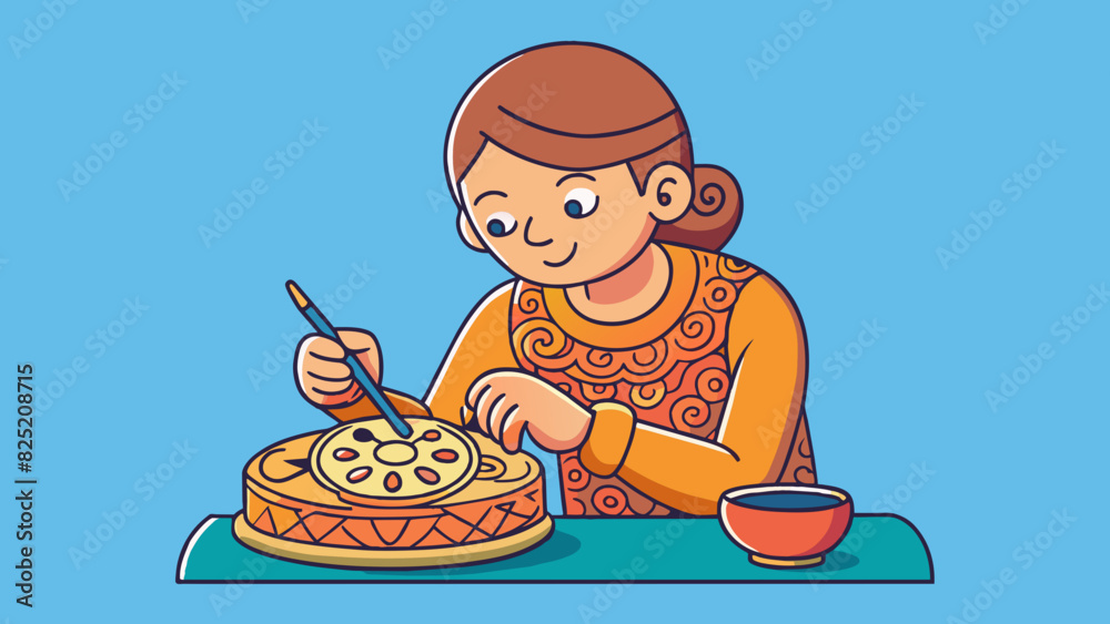 Poster She carefully used the blade to intricate designs into the smooth soft clay creating a delicate piece of pottery.. Cartoon Vector.