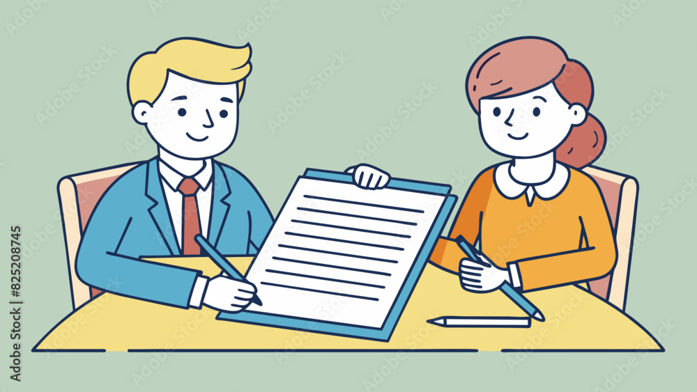 Poster Signing a contract Two individuals sitting at a table with a document p in front of them. They are both holding a pen and appear to be reading the. Cartoon Vector.