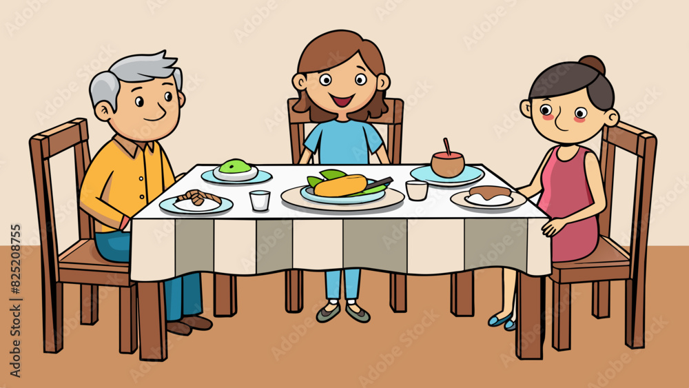 Poster sitting at the dinner table a family sits around a wooden table with four matching chairs. the table