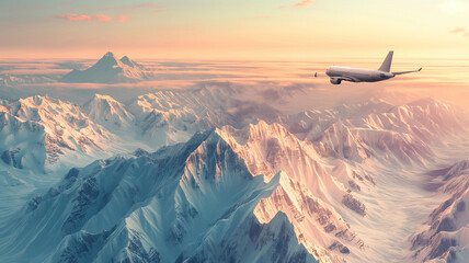 A large passenger plane flies over the snowy mountain peaks. Airplane flying over mountain ranges. - Powered by Adobe