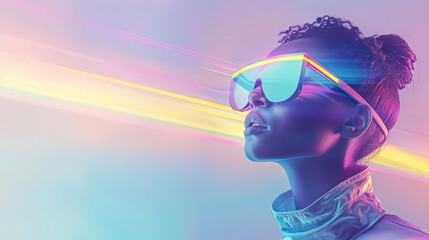 Portrait of a young woman wearing sunglasses with a futuristic design.