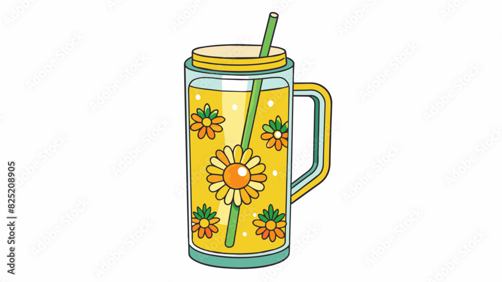 Poster sunny sipper a tall clear glass with a handle and a lid designed to be used for drinking cold bevera