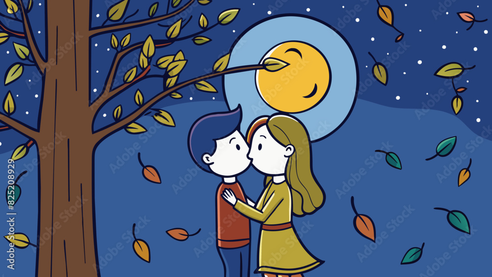 Poster stolen kisses two figures huddled behind a tree their faces illuminated by the moonlight as they sha