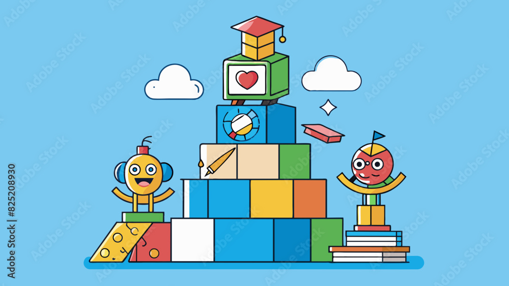 Poster Teaching is like a set of building blocks providing a strong foundation for growth and development. With each new concept the blocks stack higher and. Cartoon Vector.