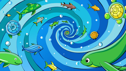 Swirling patterns of blue and green dance across the surface of the sea evidence of a vibrant world hidden below. Schools of colorful fish dart to and. Cartoon Vector.