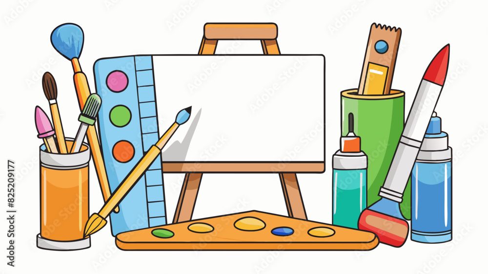 Poster  The art set contains essential tools for painting. It includes multiple paintbrushes of different sizes and shapes for various techniques. The set. Cartoon Vector.