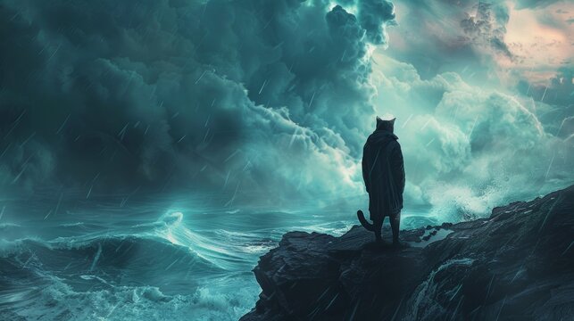 Dramatic Superhero Cat on Cliff Overlooking Stormy Sea Movie Poster Mockup for Print Design
