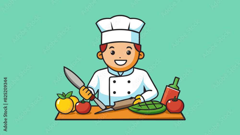 Poster The chef confidently chopped vegetables with sharp precision knives displaying their exceptional culinary ability.. Cartoon Vector.