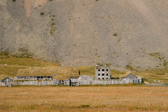 Viking Village Prop for movie, Iceland. Wooden house with grass roof