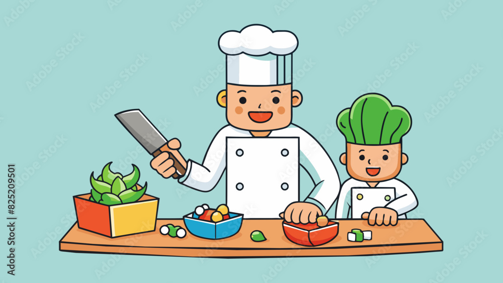 Poster The cooking class involved using a sharp knife to chop various vegetables into small cubes. The knife had a wooden handle and a silver blade with a. Cartoon Vector.