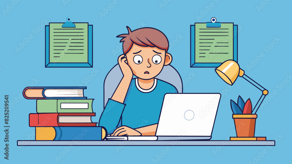 Aufkleber the concerned student has a pile of books and papers in front of them and their face is scrunched up