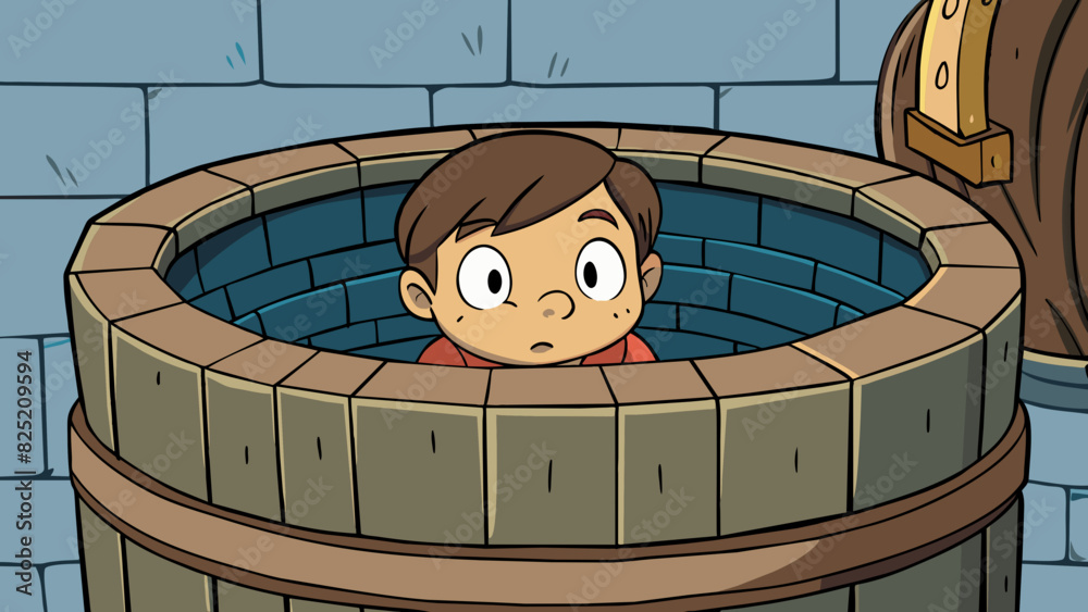 Poster The curious child peered within the deep mysterious well. Its walls were rough and slick with moisture and the sound of dripping water echoed from. Cartoon Vector.