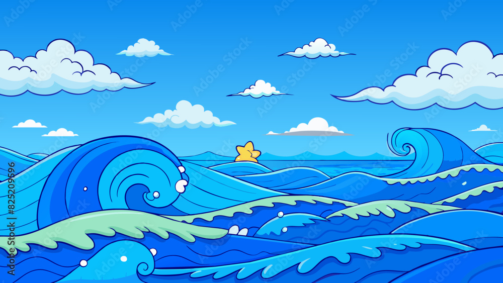 Poster The deep alluring blue of the ocean with its vastness and everchanging waves evokes a sense of calmness and tranquility.. Cartoon Vector.