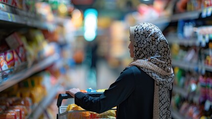 Obraz premium Grocery Galore: A Woman Ventures Through the Aisles With Her Trusty Cart