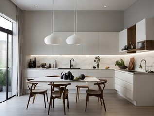 A modern and minimal kitchen interior with table, interior design, kitchen design, interior kitchen design
