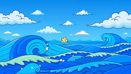 The deep alluring blue of the ocean with its vastness and everchanging waves evokes a sense of calmness and tranquility.. Cartoon Vector.