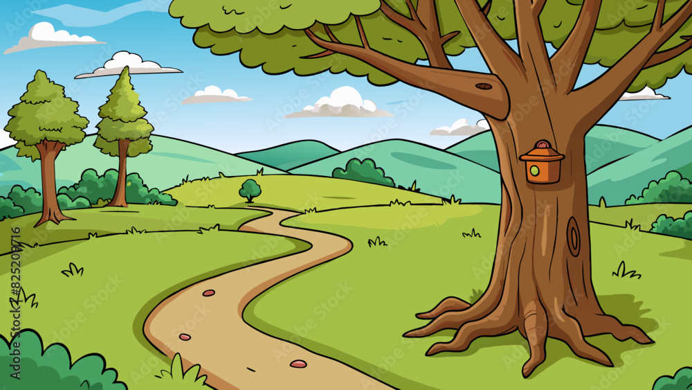 Poster The end of a hike marked by a gnarled tree with a trail marker affixed to its trunk surrounded by a peaceful clearing and the distant sound of. Cartoon Vector.