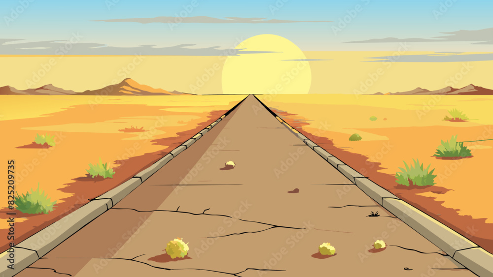 Poster the dusty road stretched out for miles disappearing into the horizon. along its edges sp patches of 