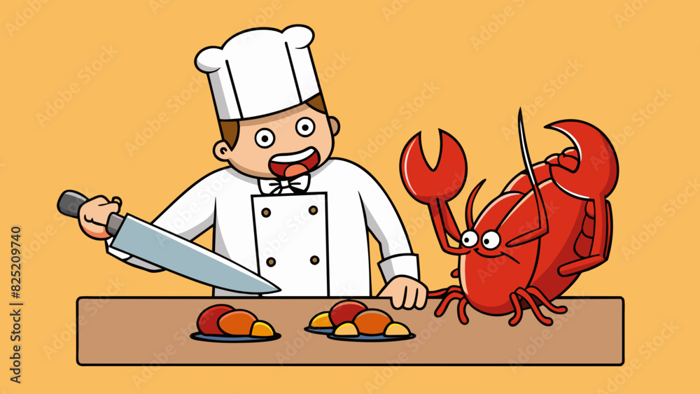 Poster the fearless chef wielded a large butchers knife skillfully chopping and dicing the live lobster bef