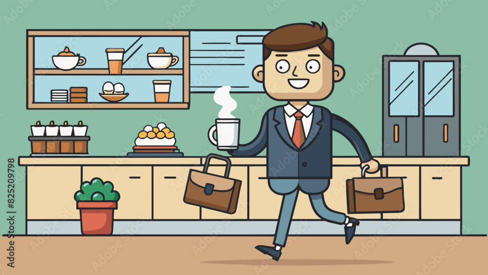 Poster the fifth customer is a busy working professional dressed in a tailored suit and carrying a briefcas