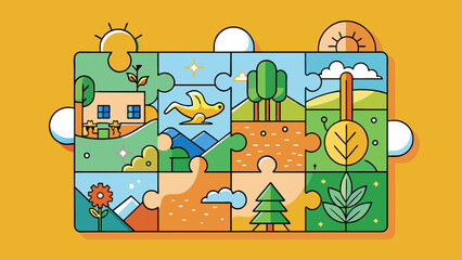 Fototapeta premium The final illustration depicts a finished puzzle with all the pieces fitting together perfectly. Each piece is vibrant and colorful depicting a serene. Cartoon Vector.