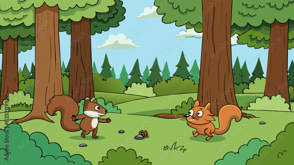 Poster The forest was calm and peaceful its floor coated with a thick layer of soft pinescented moss and the only movement coming from a pair of squirrels. Cartoon Vector.