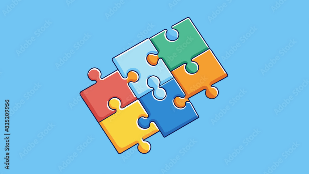 Poster The fourth goal is a puzzle with multiple pieces tered on a table. Each piece represents a step towards completion with its own unique shape and. Cartoon Vector.