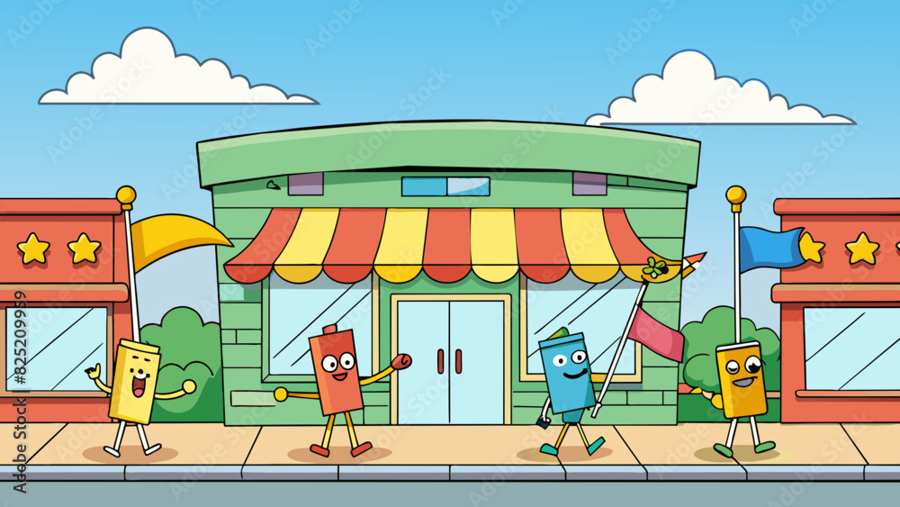 Poster The flags outside the store stood at attention flapping furiously in the brisk wind.. Cartoon Vector.