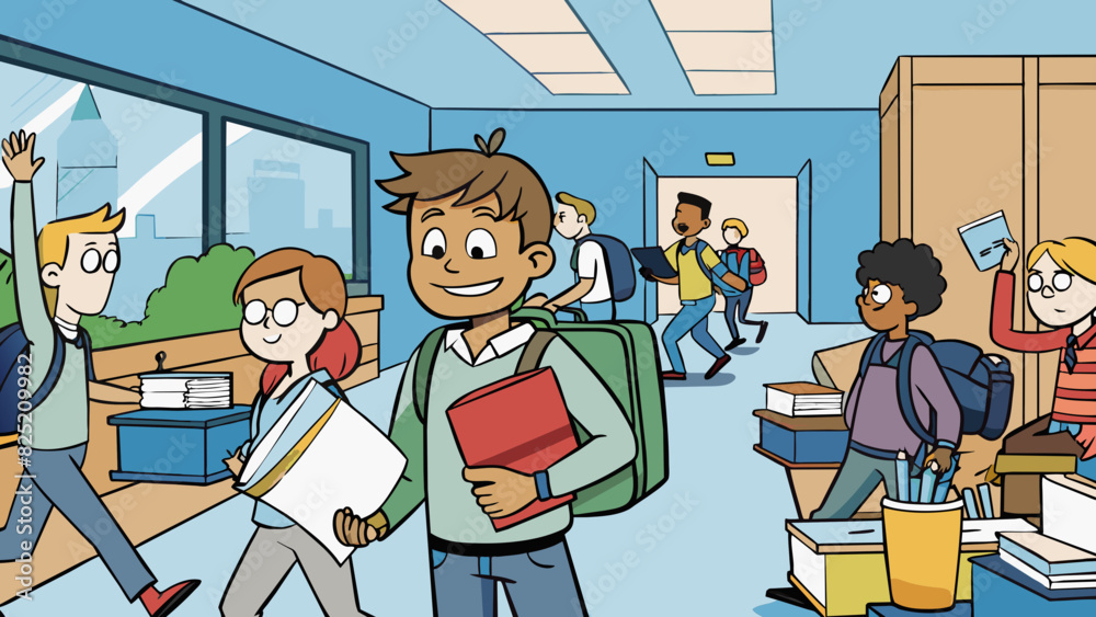 Poster The fourth day was filled with buzzing energy as students rushed to and from their classes their backpacks overflowing with textbooks and notebooks.. Cartoon Vector.