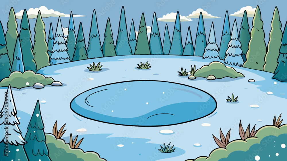 Poster the frozen lake is a shimmering sheet of ice still and serene. the edges are lined with snowcovered 