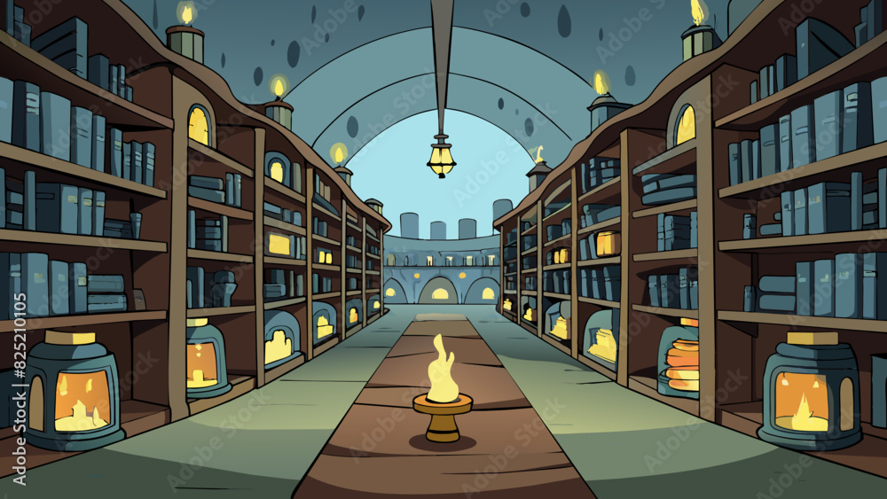 Poster the great library was a vast maze of shelves each one stacked high with dusty tomes and ancient scro