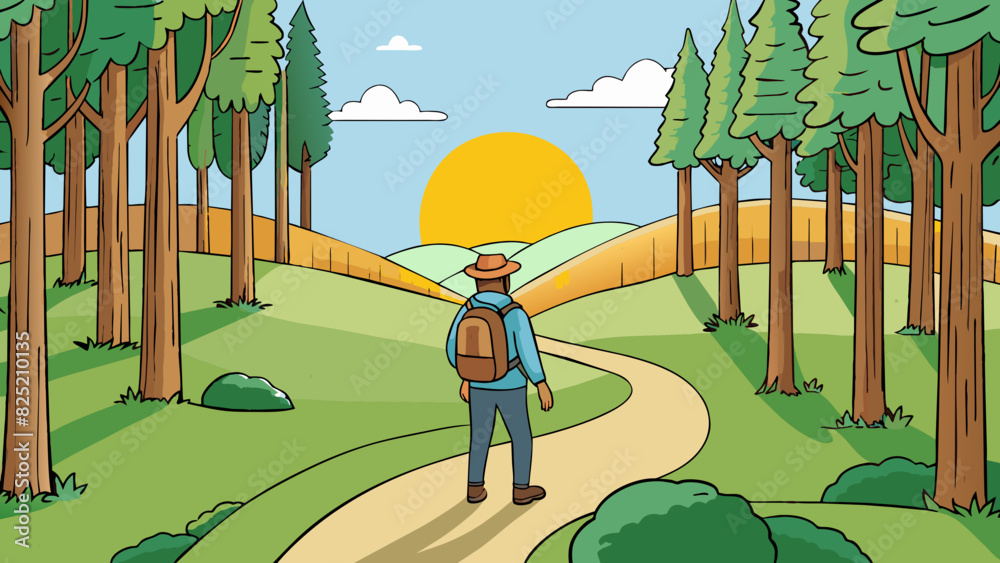 Poster the hiker gazed ahead at the winding path through the forest. tall trees loomed on either side casti