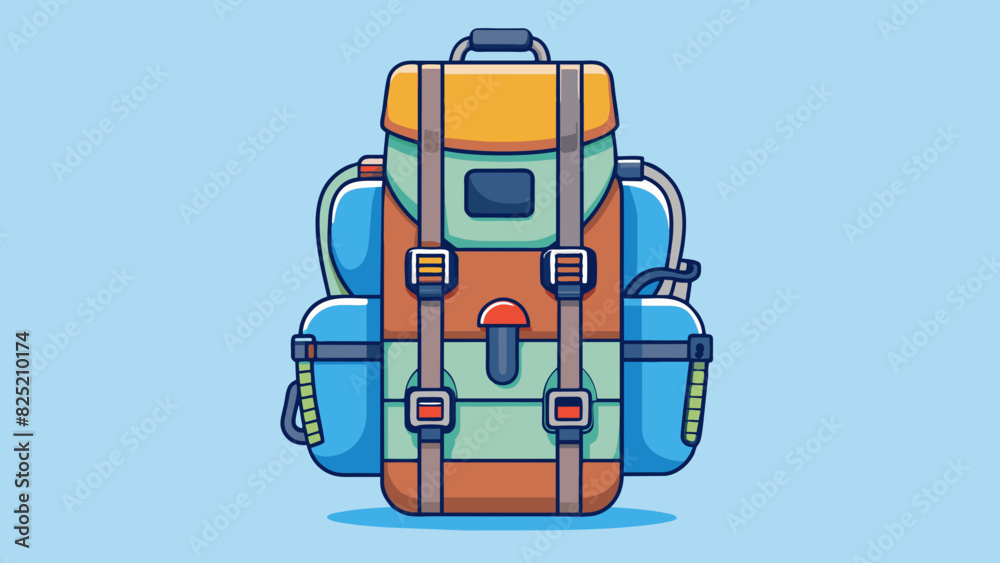 Poster  The hiking backpack is designed for comfort and functionality. It features padded shoulder ss for distributing weight evenly and reducing strain.. Cartoon Vector.