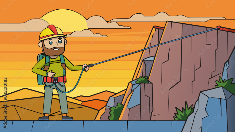Poster the hiker stood at the base of a steep rock face gripping onto his ropes and harness. he knew it wou