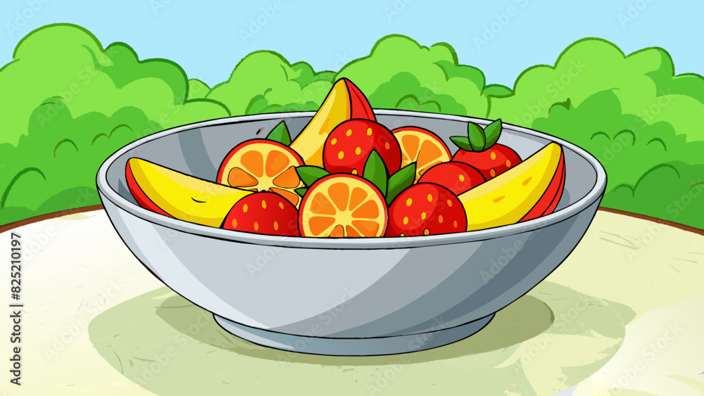 Poster The image is a closeup of a bowl filled with colorful fruit. There are red strawberries orange slices and yellow bananas arranged in a neat pattern.. Cartoon Vector.