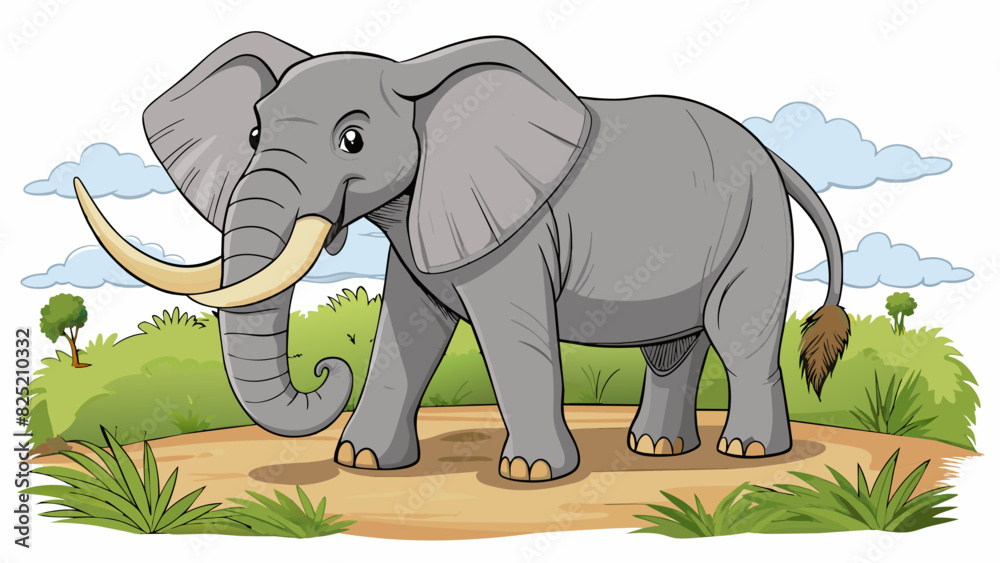 Poster the large elephant lumbered through the savanna its grey skin and long curved tusks making it a form