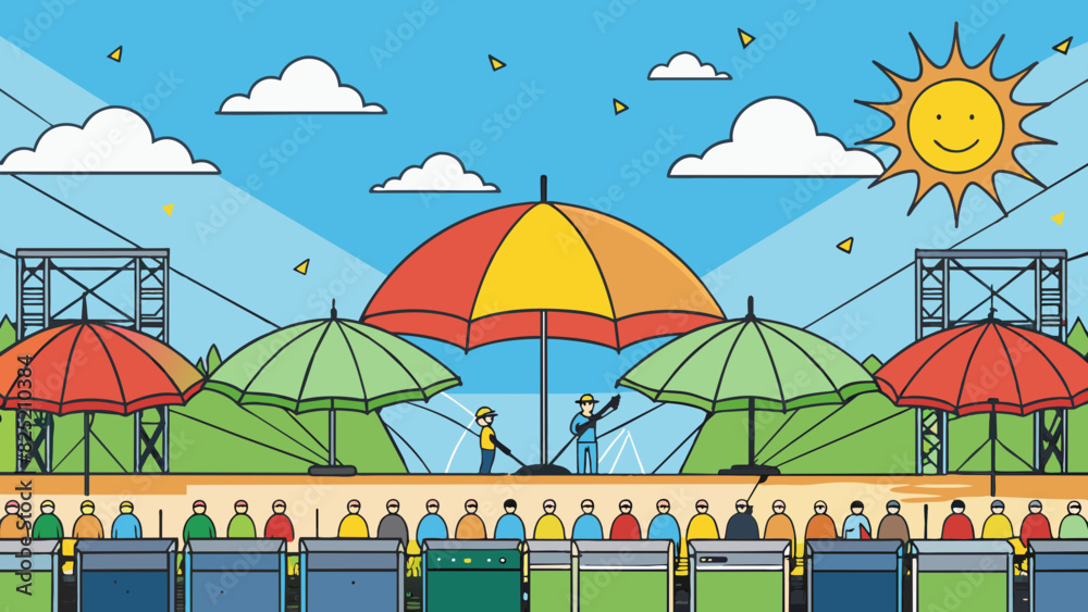 Poster The line of umbrellas stood directly in front of the stage shielding the audience from the scorching sun during the outdoor concert.. Cartoon Vector.