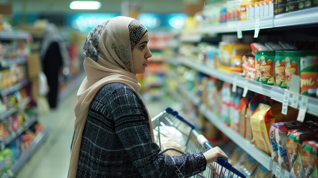 A Symphony of Shopping: Woman Picking Fresh Produce in Vibrant Grocery Store