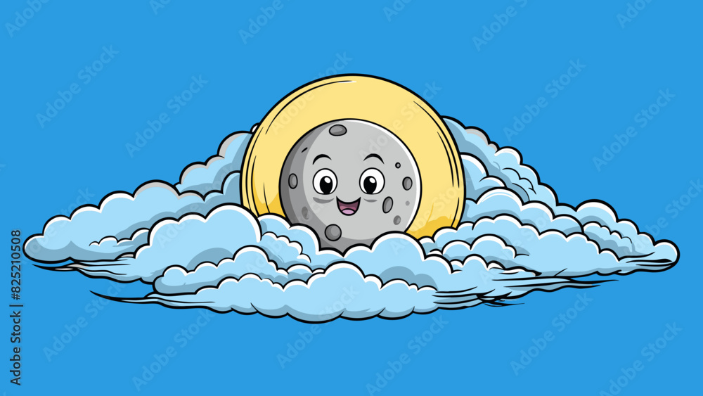 Poster The moon hidden behind a thick layer of clouds until a cool breeze blows them away revealing its full and luminous form.. Cartoon Vector.