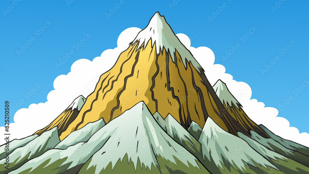 Poster The mountain peak is rather majestic towering high into the sky with rugged cliffs and a dusting of snow at its summit. The faint sound of distant. Cartoon Vector.