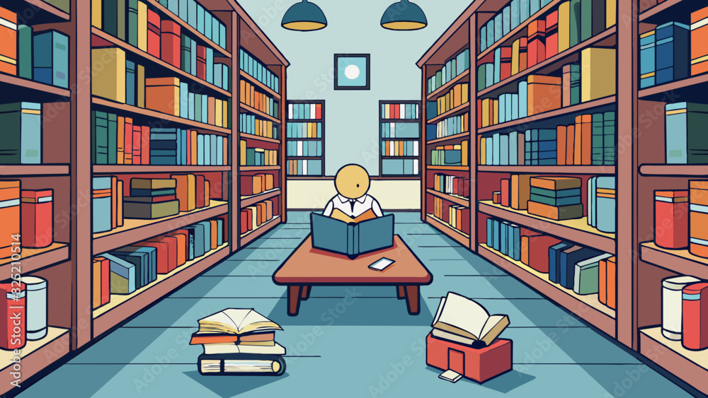 Poster The moment I entered the library I was greeted by rows upon rows of neatly organized books. The smell of old paper and ink filled the air evoking a. Cartoon Vector.