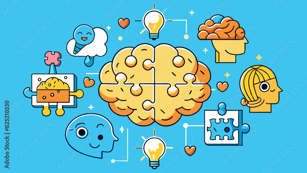 Poster The mind is like a puzzle with pieces tered and constantly shifting. Each piece represents a different thought or idea and when put together they. Cartoon Vector.