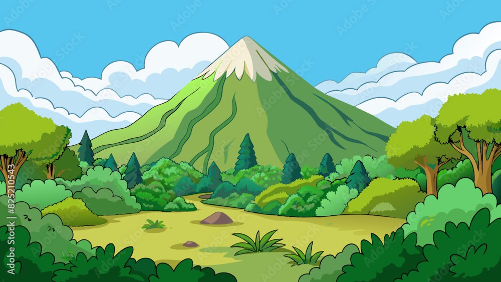 Poster The mountain in the distance rose high into the sky its peak often shrouded in mist and its sides covered in lush greenery.. Cartoon Vector.