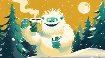 Fototapeta premium Cute Yeti Holding A Cup Of Coffee In Winter Forest For Christmas Card Design