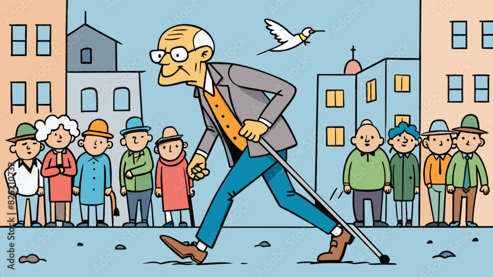Poster The old man stumbled and shuffled slowly down the crowded street his cane tapping against the pavement as he struggled to keep up with the bustling. Cartoon Vector.