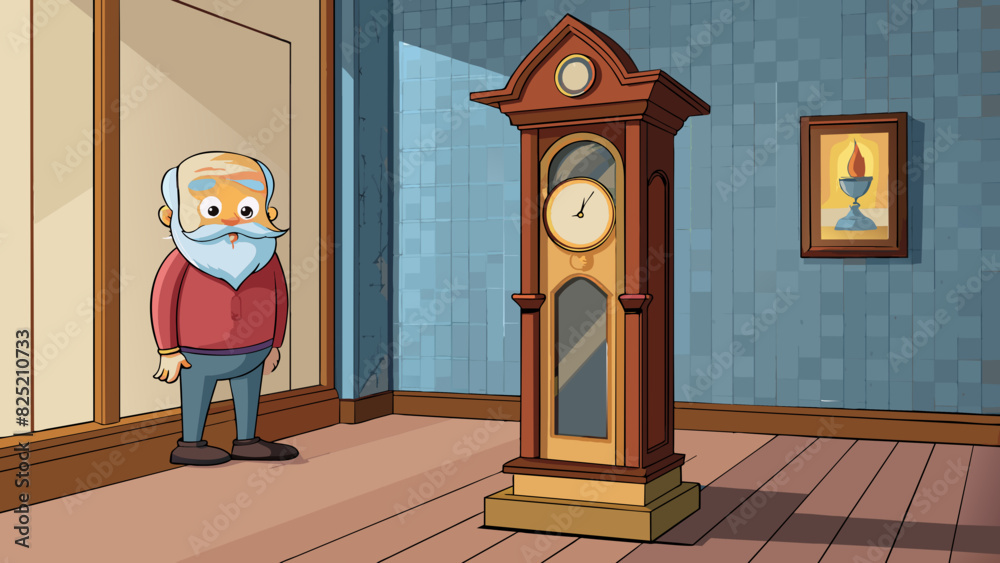 Poster The old grandfather clock chimed loudly in the hallway its ornately carved wooden frame and shimmering pendulum reflecting the warm glow of the fire. Cartoon Vector.